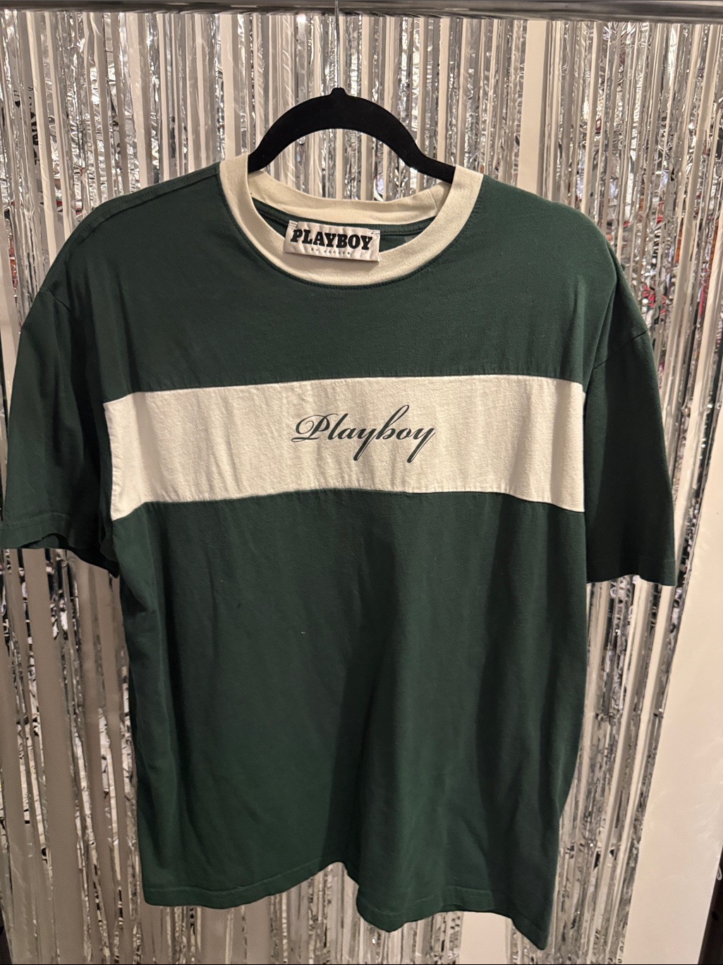 Playboy Forest Green & White Stripe Script Logo Tee